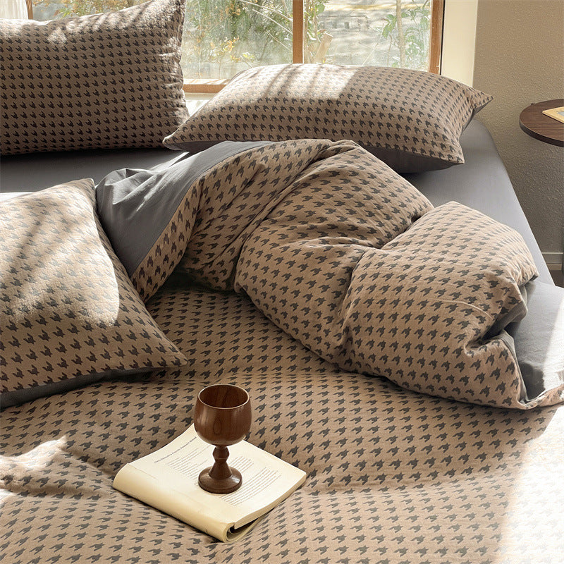 Houndstooth Cotton Double-layer Yarn Four-piece Set Single Fitted Sheet Quilt Cover