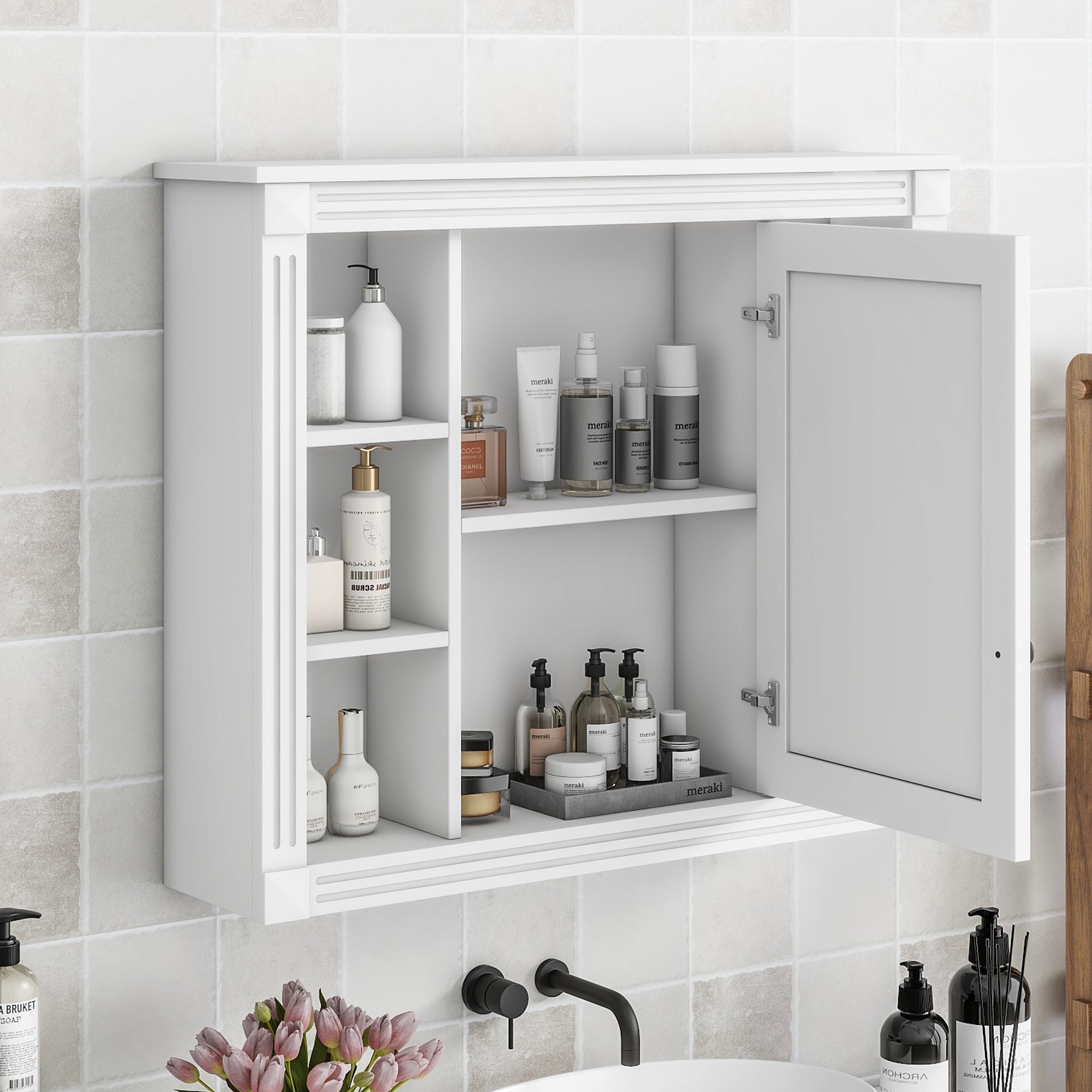 35X 28 Wall Mounted Bathroom Storage Cabinet, Medicine Cabinet, Modern Bathroom Wall Cabinet With Mirror, Mirror Cabinet With 6 Open Shelves Not Include Bathroom Vanity