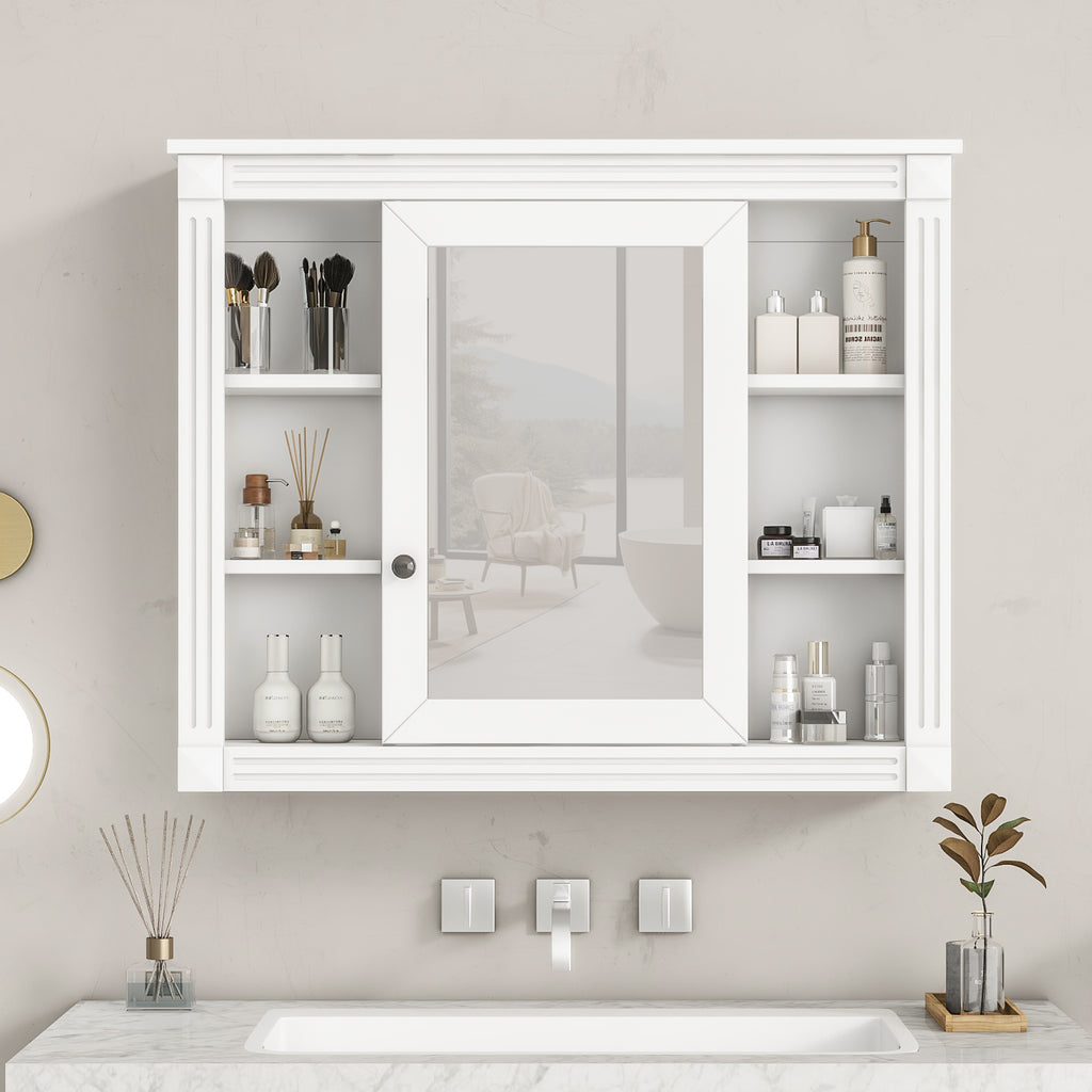 35X 28 Wall Mounted Bathroom Storage Cabinet, Medicine Cabinet, Modern Bathroom Wall Cabinet With Mirror, Mirror Cabinet With 6 Open Shelves Not Include Bathroom Vanity