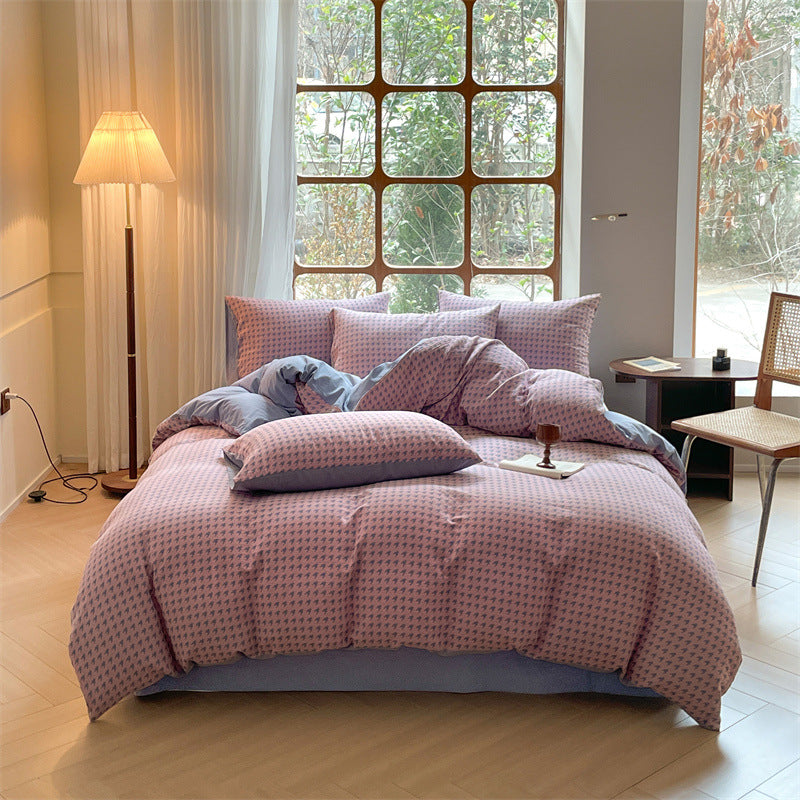 Houndstooth Cotton Double-layer Yarn Four-piece Set Single Fitted Sheet Quilt Cover
