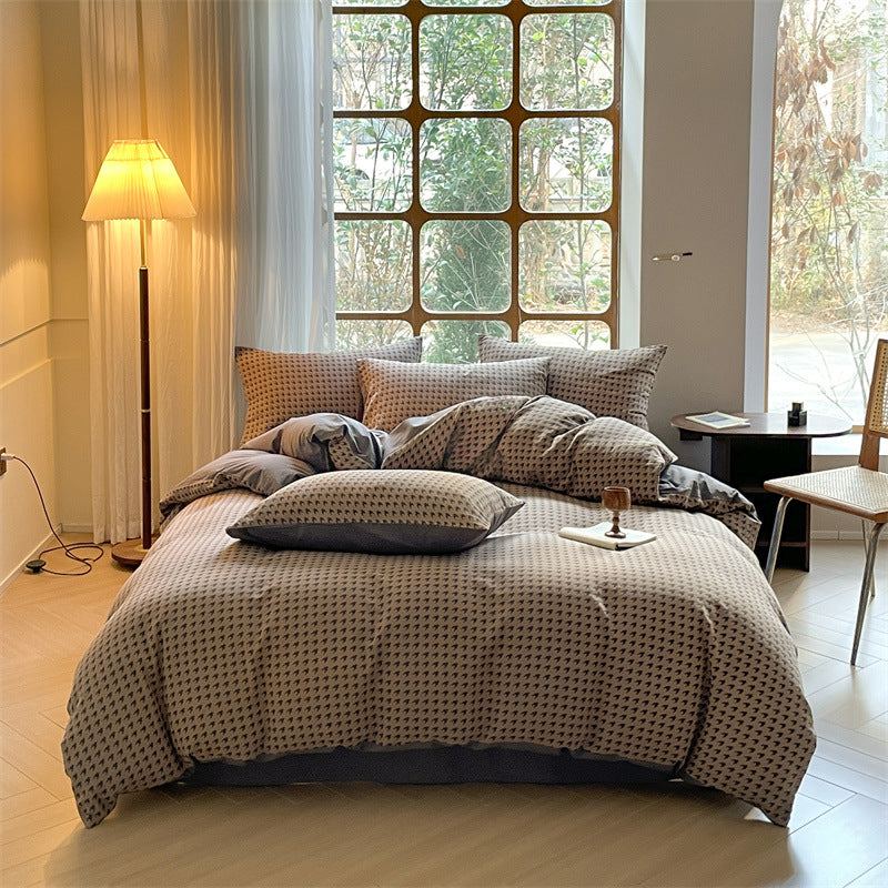 Houndstooth Cotton Double-layer Yarn Four-piece Set Single Fitted Sheet Quilt Cover