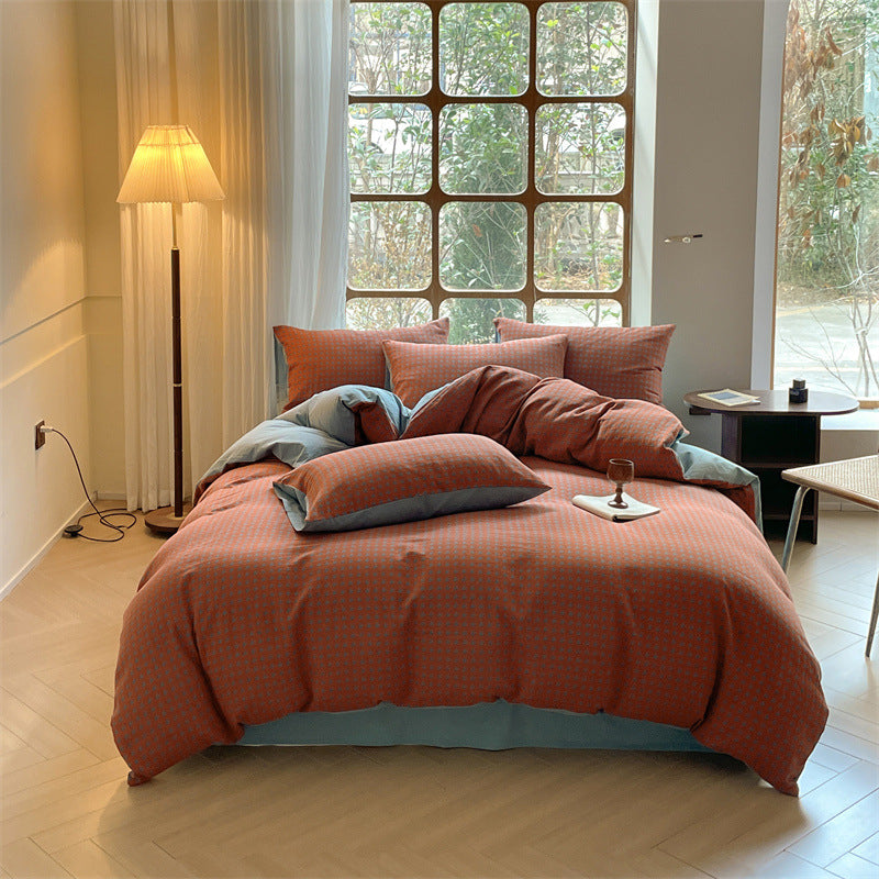 Houndstooth Cotton Double-layer Yarn Four-piece Set Single Fitted Sheet Quilt Cover