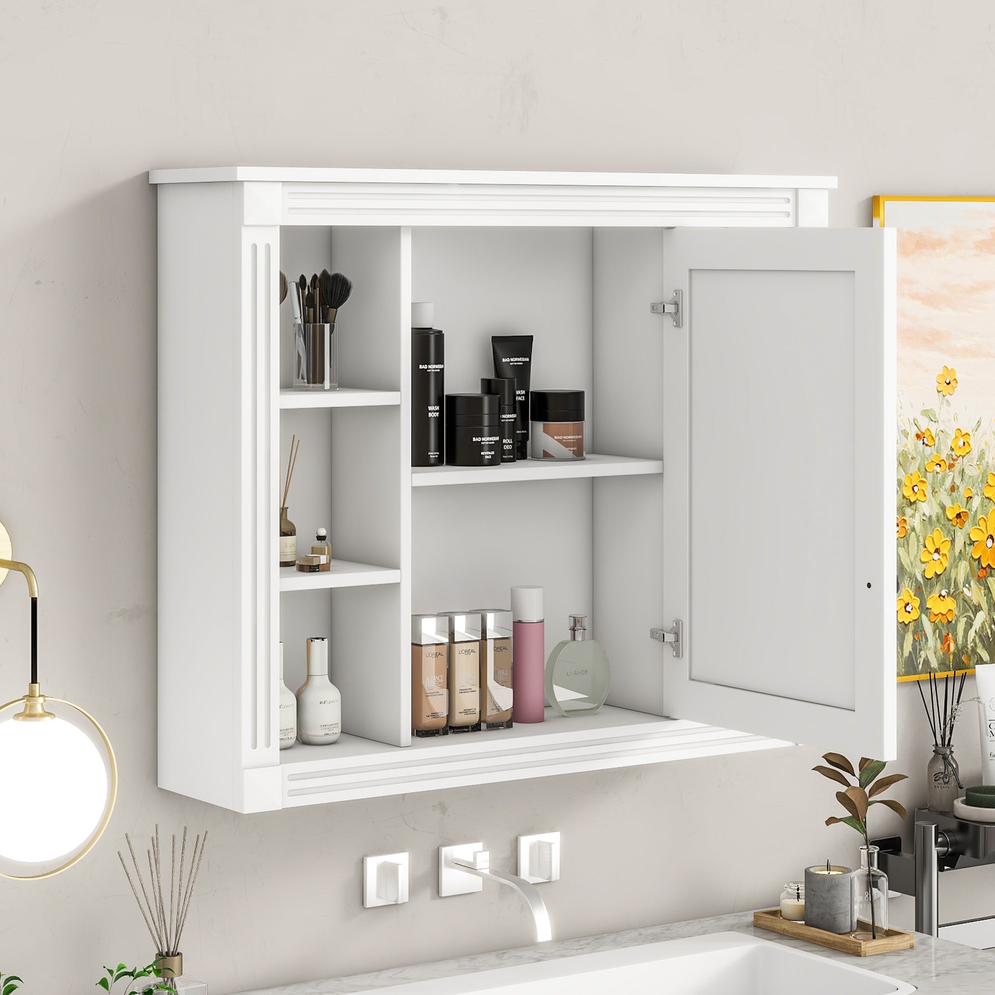 35X 28 Wall Mounted Bathroom Storage Cabinet, Medicine Cabinet, Modern Bathroom Wall Cabinet With Mirror, Mirror Cabinet With 6 Open Shelves Not Include Bathroom Vanity